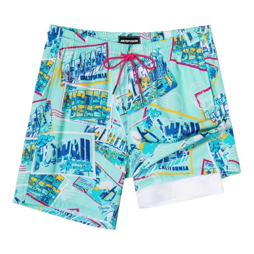 Image of SURF CUZ Mens Swim Trunks with Compression Liner Swim Shorts 7 inch Swimming Trunks Stretch 7 Inch Swim Suits Quick Dry