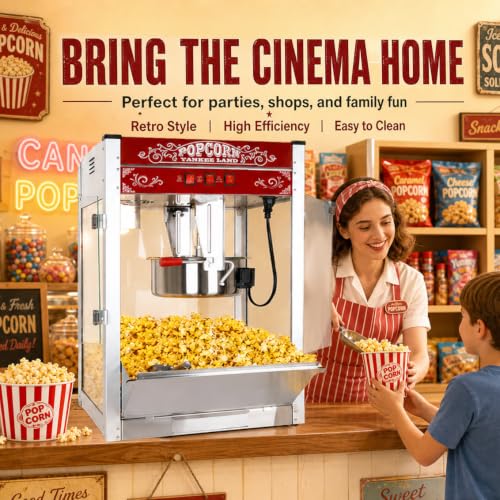 Image of Commercial Popcorn Machine With 28 OZ Kettle for Theater Style, Red | Countertop Popcorn Machine Stainless Steel, 3-Switch Control, for Home, Movie Night, Parties, Office, School, Business