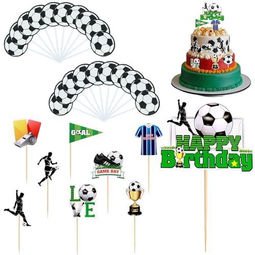 SEPSCO Decoração bolo futebol 29 peças, futebol decoração bolos de aniversário ornamentos não comestíveis para madalenas Happy Birthday pastel Topper Football festas Cupcake Cake decorações para crianças
