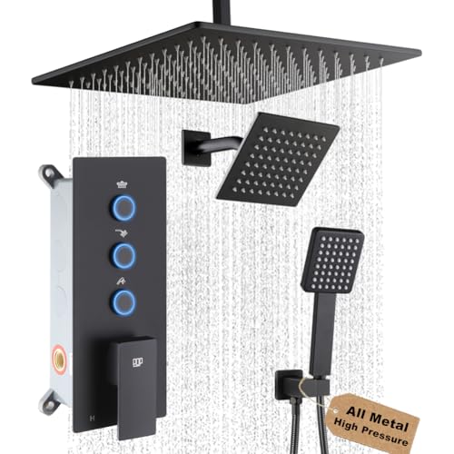 Juego de grifería para ducha en negro mate, sistema de ducha tipo lluvia para baño con cabezal de ducha de 12 pulgadas para montaje en techo y cabezal de ducha de 6 pulgadas para montaje en pared, incluye válvula y kit de acabados miniatura 1