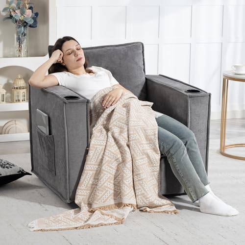 Image of 32 inch Wide Swivel Accent Chair with Cup Holders, Grey | Comfy Armchair, Side Pockets, Modern Chenille Sofa Couch, Living Room, Bedroom, Corner