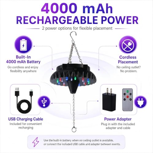 Image of Rechargeable Disco Ball Motor Light: 4000 mAh Battery Disco Ball Spinner | Rotating Mirror Ball Motor Fits 4-10 Inch Mirror Balls - 18 RGBW LEDs 0 /5 /10 /15 RPM 5 Modes for Party Wedding Ceiling Decor