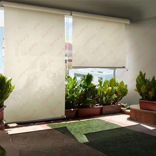 Image of HIPPO 180 GSM HDPE Outdoor Balcony Roller Blind, UV & Dust Protection Corded Roll Up and Down Light Filtering Blinds for Garden (Ivory, 4FTX5FT)