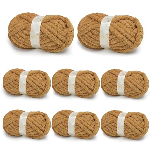 Chunky Yarn for Hand Knitting, Chunky Chenille Blanket Yarn for Crocheting, Bulky Soft Fluffy Chenille for Blanket Project, 8 Pack of 8oz/25yds, Brown