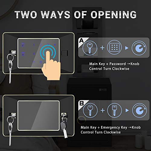 Security Home Safe, 2.05 Cubic Safe Box with Digital Screen Touch Keypad & Key Lock, Double Safety Gun Safe for Pistols Home Office Cash Watch Jewelry Money Safe, LCD Display