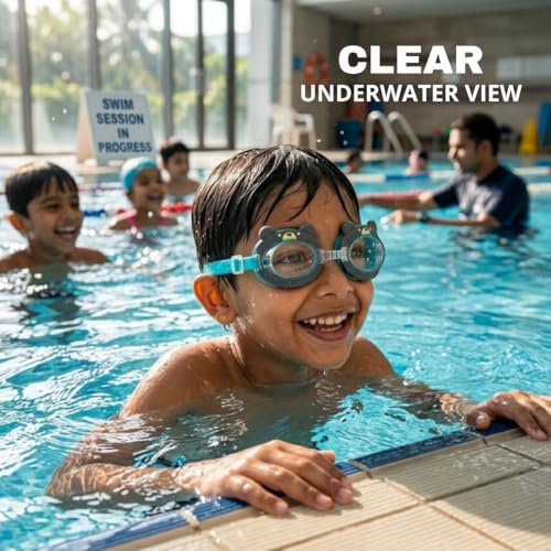 Image of BURNLAB Swimming Goggles for Kids, Clear Vision Pool Goggles for Boys & Girls, Easy Adjustable Strap (Bear)