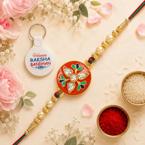 Image of Riddhika Ventures Alluring Gold Plated Floral and Pearl Rakhi (Bracelet) with Roli Chawal, Greeting Card and One Motivational Keychain