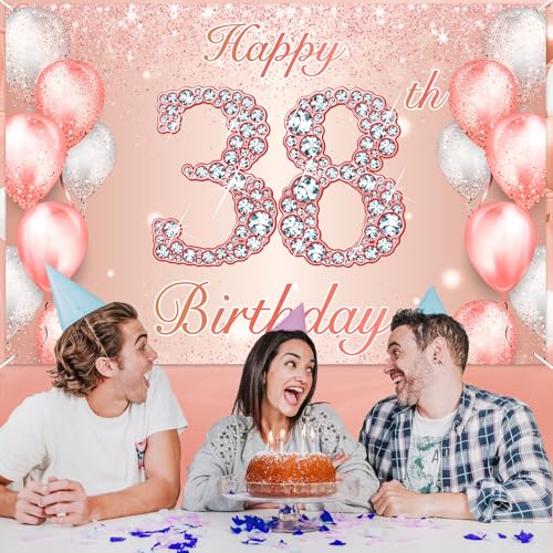 Image of Happy 38th Birthday Rose Gold Banner Cheers to 38 Years Old Backdrop Confetti Balloons Theme Decor for Women 38 Years Old Pink Birthday Party Decorations Bday Supplies Background Favors Gift Glitter