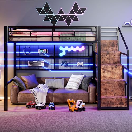 Lcoho Hochbett,(140 x 200cm), Eisenrahmen, Kleiderschrank, Stauraumleiter, Gitter zum Aufhängen von Gegenständen, Freifläche unter dem Bett,...