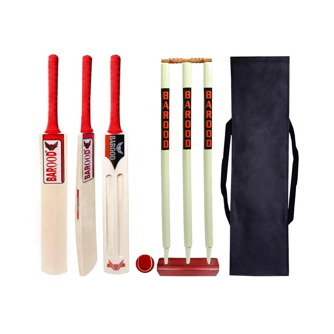 BAROOD Jumbo Wooden Cricket Full Kit for Kids Bat, 3 Stumps Ball and Carry Bag Lightweight Cricket Set for Boys and Girls Size - 5, Age (10 to 12 Years) Outdoor Sports Practice Training