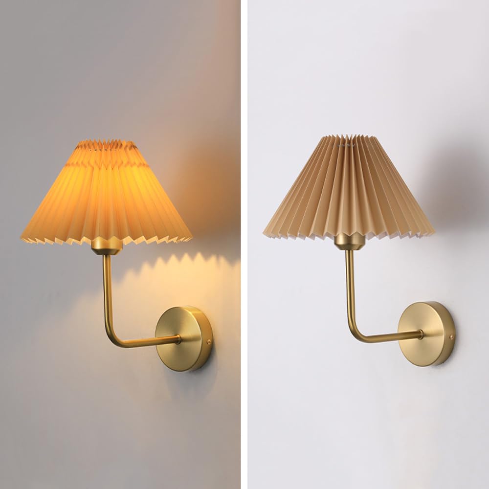 Applique da Parete per Camera da Letto, Comodino, Lampada da Tavolo Vintage in Tessuto Plissettato, Finitura in Ottone, Arte retrò per Soggiorno, Camera da Letto