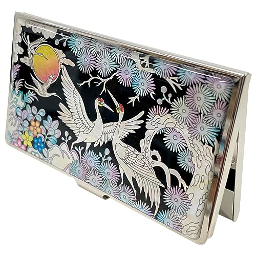 Mother of Pearl Business Card Case Credit Id Name Holder Travel Wallet Art Painting Design Metal Stainless Steel Engraved Slim Purse Pocket Cash Money Wallet (Crane)4