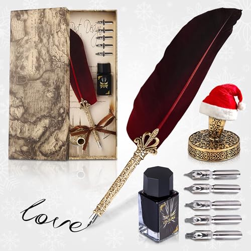 Red Feather Quill Pen and Ink Set – 11.4" Antique Feather Pen and Ink Set with Stainless Steel Nib for Calligraphy, Drawing & Signatures – for Christmas Party Invitations, Creative Writing & Lettering