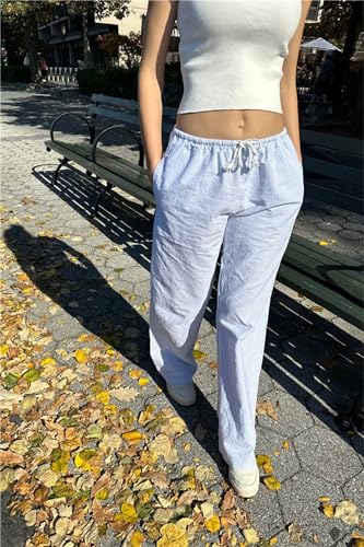 Tenopuli Women Y2K Lounge Pants Cute Drawstring Striped Casual Pants Wide Leg Baggy Pinstripe Print Pants Going Out Pants3