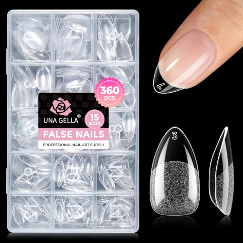UNA GELLA Short Almond Nail Tips: 360Pcs 15 Sizes Pre-Shaped Acrylic Gel Nail Tips Half Matte Full Cover Fake Nails for Clear Press on Nails Extension DIY at Home Salon