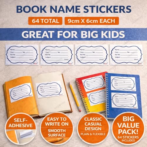 Image of Name Stickers for Notebooks & Books - Pack of 64 Durable Labels | School Stationery Essentials | Name Slips & Book Labels (Formal)