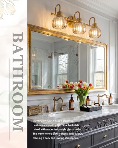 Image of 3-Light Gold Bathroom Vanity Light, Amber Tulip Glass Shade | 21 Inch Bathroom Light Fixtures Over Mirror, Modern Brass Vanity Lighting Fixtures, AD-22282-3W-GD-OR