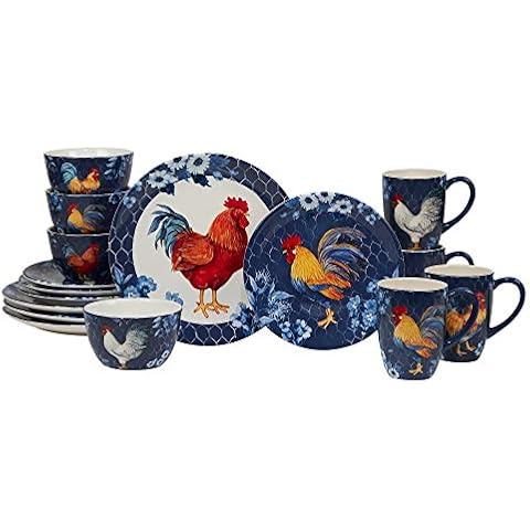 Unknown1 Indigo Rooster 16-Piece Dinnerware Set Service for 4 Blue Multi Color Red Country Farmhouse Round 16 Piece Dishwasher Safe Microwave, Medium Cover