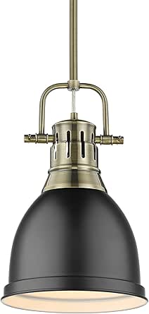 Golden Lighting -Duncan Small Pendant with Rod in Aged Brass with Matte Black- Pendant Lights, Ceiling Light Fixtures