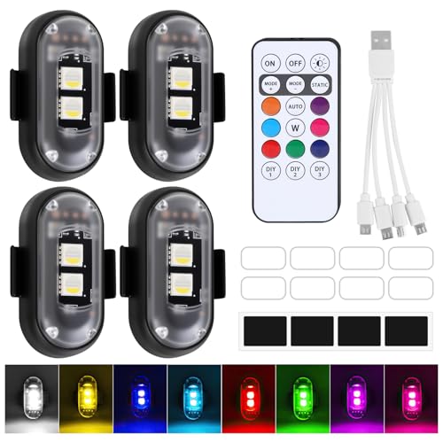 4PCS LED Car Strobe Lights with Remote Control 8 Colors Wireless LED Ambient Car Interior Light Waterproof USB Rechargeable High Brightness Flashing Warning Anti-Collision Mini Car LED Light for Truck