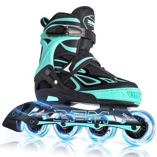 2PM SPORTS Vinal Girls Adjustable Flashing Inline Skates, All Wheels Light Up, Fun Illuminating Skates for Kids Men Adult Women and Boys (F Green, Medium - Big Kid (1-4 US)) by 2PM SPORTS - Used condition - CA$54.38