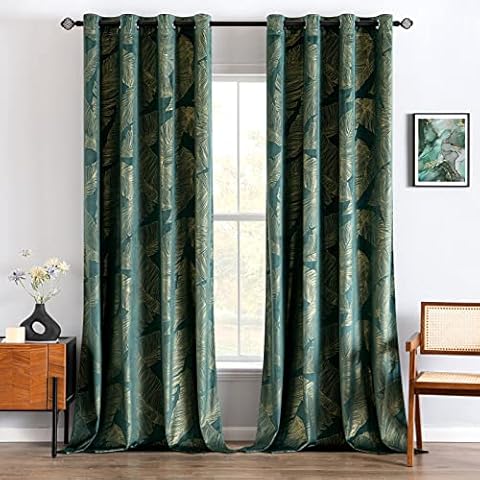 MIULEE Dark Green Velvet Curtains with Gold Foil Cover