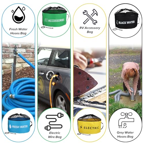 Image of 4 Pack Waterproof RV Hose Bag Storage, RV Utility Bag for Sewer Hose, Camper Storage Bags 4 Colors for Sewer and Fresh Water Hoses, Electrical Cords, Camper Tools Accessories