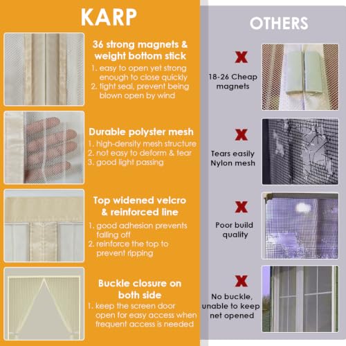 Image of KARP Mosquito Net for Door with Strong Magnets, Automatic Closing Mesh Screen, Anti-Fly & Insect Protection, Easy Fit Door Curtain for Home (Polyester - Beige, 100 Cm Width X 210 Cm Height)