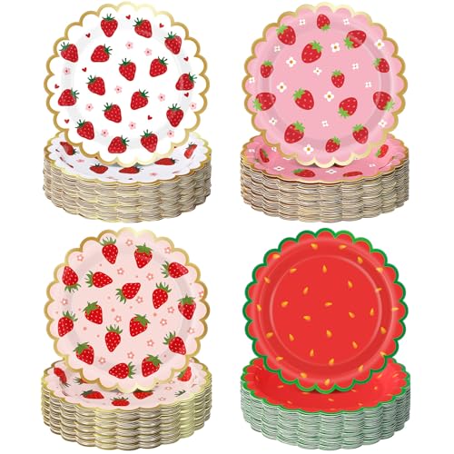 Image of Funnymoom 100 Pcs Strawberry Paper Plates for Berry First Birthday 7 Inch Pink Strawberry Disposable Dessert Plates with Scalloped Summer Table Decoration for Wedding Baby Shower Party Supplies