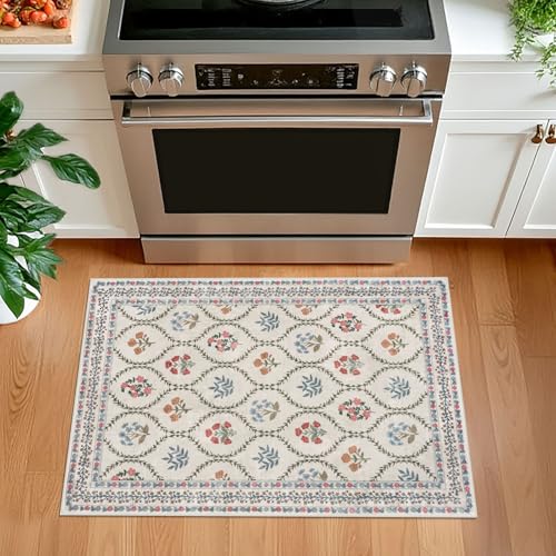 KILOCOCO 2x3 Small Area Rug, Moroccan Super Soft Entryway Rugs Indoor Vintage Washable Rug Non-Slip Indoor Door Mat, Accent Print Faux Wool Throw Rug for Laundry Kitchen Bedroom Entrance, Ivory