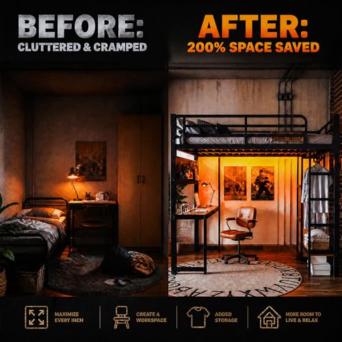 Image of Bellemave Metal Full Size Loft Bed with Desk and LED Lights,Heavy Duty Loft Bed Frame with Storage Shelves and Charging Station for Kids,Teens,Adults, Space Saving,Black