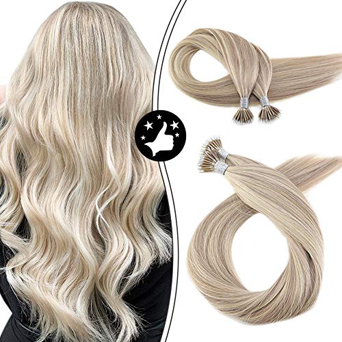 Moresoo 16 Inch Nano Bead Hair Extensions Human Hair Nano Tip Hair Extensions Color #18 Ash Blonde Mixed with #613 Bleach Blonde Hair Extensions Human Hair Keratin Extensions 50s 40g
