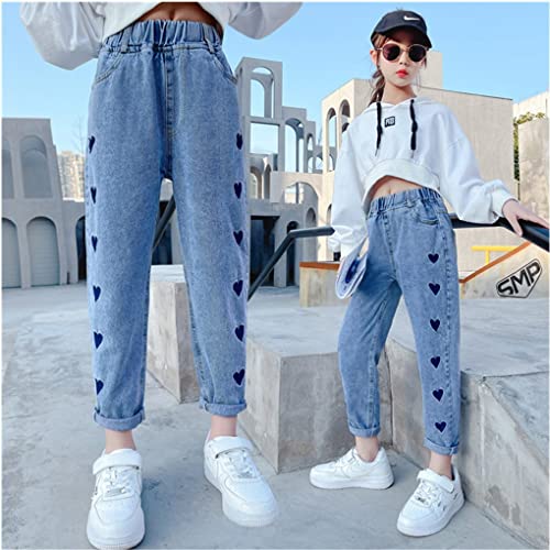 Girls Kids Fashion Embroidery Love Denim Pants Blue Jeans Stretchy Casual2