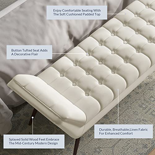 Image of BELLEZE 63 Inch Mid Century Modern Ottoman, Contemporary Upholstered Linen Fabric Bench with Wood Legs, Accent Furniture for Living Room, Bedroom, Entryway - Moreno (Natural)