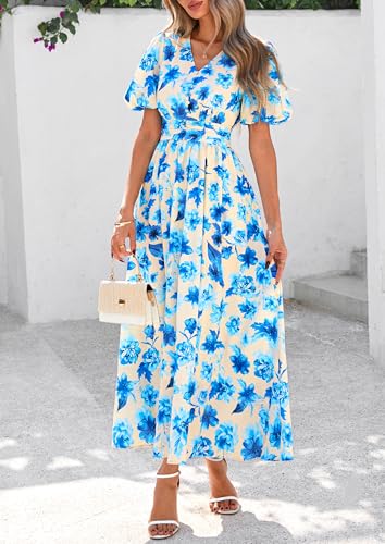 Image of PRETTYGARDEN Womes Boho Maxi Dresses 2026 Summer Spring V Neck Puff Sleeve Empire Waist A Line Flowy Long Beach Floral Dress