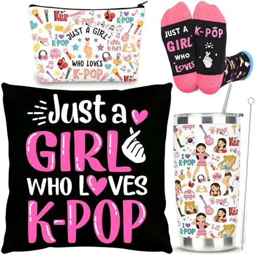 Yaztops Kpop Gift Set Includes 20oz Tumbler Throw Pillow Cover Socks & Makeup Bag Just a Girl Who Loves K-pop Room Decor Birthday Gifts for Kpop Music Fans (Black)