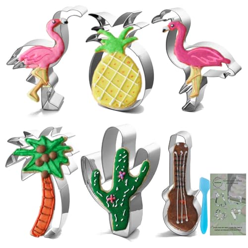 Juego de cortadores de galletas hawaianos con diseño de flamenco, piña, cactus, palmera, ukelele de guitarra, moldes de verano tropicales para fiestas en la playa y decoración de acero inoxidable