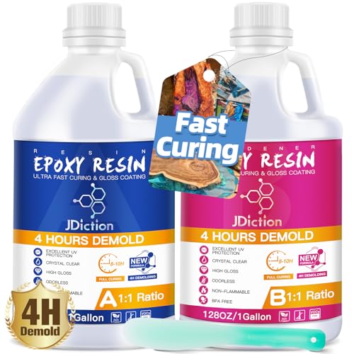 JDiction Fast Cure Epoxy Resin, 2Gallon 4 Hours Demold Epoxy Resin Kit - Crystal Clear, Bubble-Free, Not-Yellowing, Self-Leveling for Art Resina, Jewelry, Craft, Fast Casting & Easy Mix Epoxy Resina
