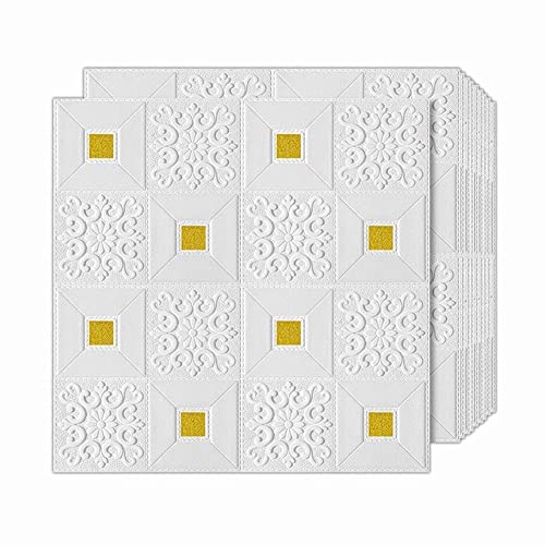 Image of Self-Adhesive Waterproof PE Foam 3D Wall Panels Wallpaper Sticker for Bathroom, Living Room, and Home Decoration (70 x 70cm, Appx. 5.8Sq Feet) (60, White Golden)
