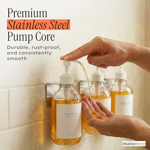 Image of Shampoo and Conditioner Dispenser Wall Mounted Set of 2 Clear - No Drill Shower Soap Dispenser for Bathroom Refillable - Spa Hotel Style Accessories by MaisoNovo
