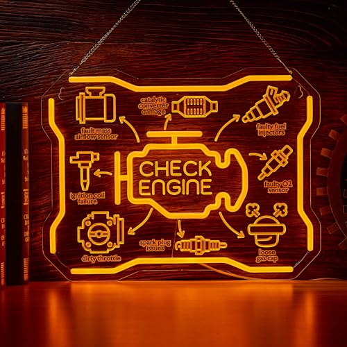 Image of Check Engine Light Neon Sign, Check Engine Light Commen Causes Issues List Decor for Man Cave Decor, LED Garage Wall Art, Funny Gifts for Car Guys & Dad, Auto Repair Shop Mechanics Workshop Sign, USB Powered,16.5x12.5in Inch