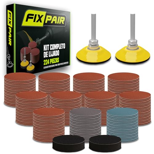 FIXPAIR Kit Lijas para Taladro 224 Pcs - Discos de Lija 50mm + Adaptador e interface con velcro ideal para lijar múltiples superficies Madera, Metal, Plástico, Lijado de faros coche, moto