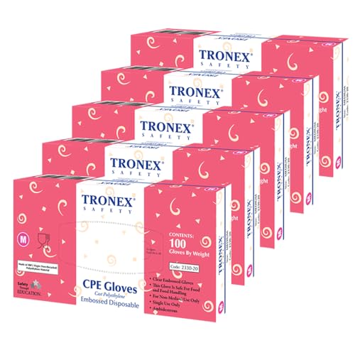 TRONEX 2330 Food Safe Cast Polyethylene CPE Embossed Clear Plastic Poly PE Disposable Gloves for Sushi, Sandwich, and Bakery Preparation, Large, 5 Boxes of 100