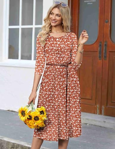 Image of HOTOUCH Women's 3 /4 Sleeve A-line and Flare Midi Long Dress