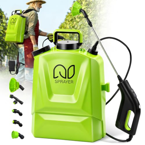 Battery Powered Backpack Sprayer 4 Gallon Adjustable Pressure Garden Sprayer with Digital Display & Padded Straps Electric Pump Sprayer in Lawn with 2.2Ah Battery 5 Nozzles Telescopic Wand
