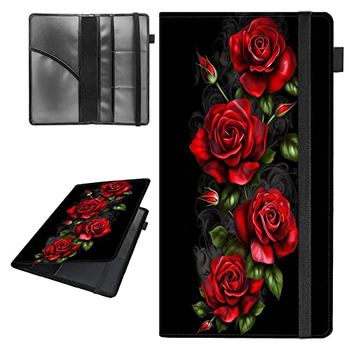 Car Registration and Insurance Holder,Leather Vehicle Glove Box Organizer Wallet for Document,Perfect for any Car,Truck,Motorcycle,Driver License,Trailer or Boat,Men & Women,Red Roses Flowers