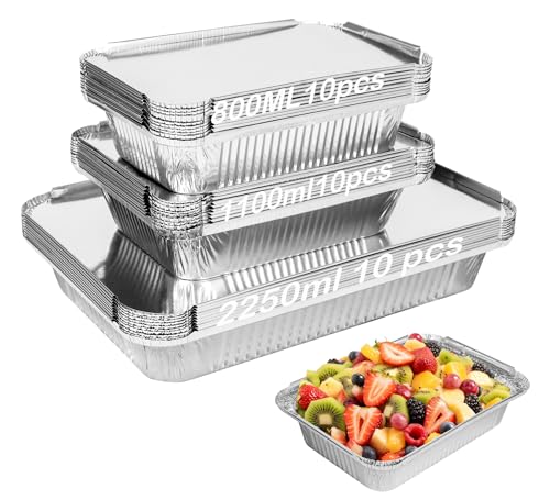 Notwoe 30 bandejas de alumínio para churrasco, 2250 ml/1100 ml/ 800 ml, bandejas de alumínio com tampa, bandejas de alumínio reutilizáveis, bandejas de alumínio para cozinhar, assar, assar.