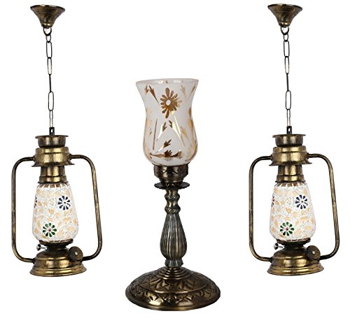 Afast Combo Antique & Designer Hanging Lantern Lamps & Table Lamp with Decorative Colorful Glass A Complete Unique Decorative Set -A77