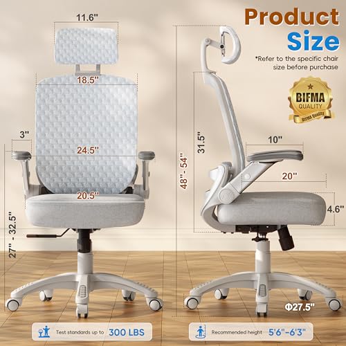 Image of GABRYLLY Ergonomic Office Chair, High Back Home Desk Chair with Flip-Up Arms, 3D Headrest, Thick Sponge Seat &90-120 Recline, Big and Tall Mesh Executive Chairs for Man Woman, Glacier Flow
