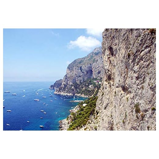 Wall Art Print on Canvas(32x21 inches)- Italy Capri Port Side Cliff Panorama Blue